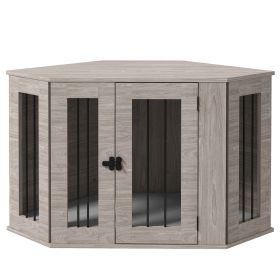 Dog Crate Furniture with Cushion, 41 Inch Corner Design Dog Crate End Table for Medium Dogs, Grey