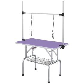 Adjustable Dog Grooming Table with 2 Safety Slings, Storage Basket, Purple