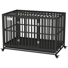49" Heavy Duty Steel Dog Crate Kennel Pet Cage with Wheels for Convenient Access Anti-Pinching Floor, Black